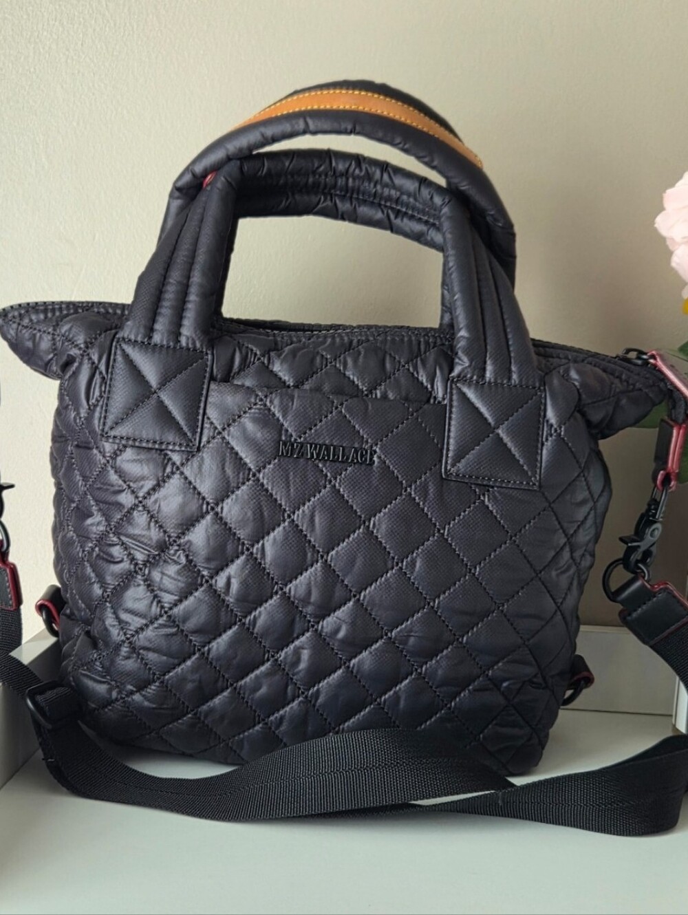 MZ WALLACE Quilted Black Nylon Tote Bag with Strap